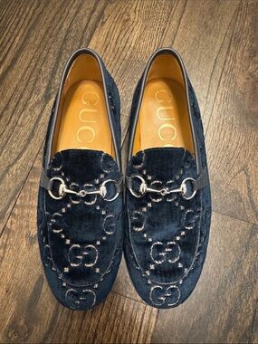 Gucci Boy Dark Navy Velvet Horsebit Slip-On Loafers